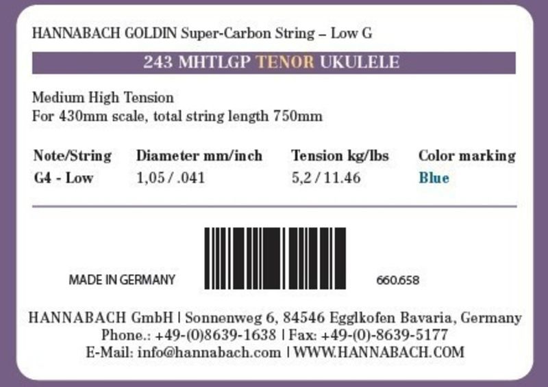 Hannabach Strings for ukulele Tenor Ukulele Goldin 243MHTLG low G Single string Low G