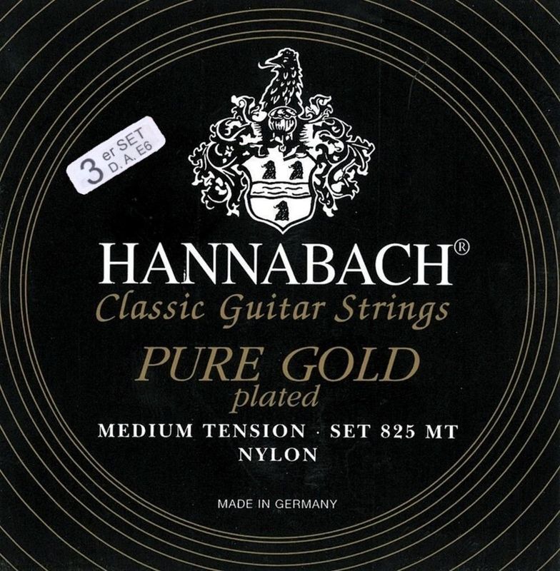 Hannabach Strings for classic guitar Serie 825 Medium tension specialized gold plated 3er Bass medium