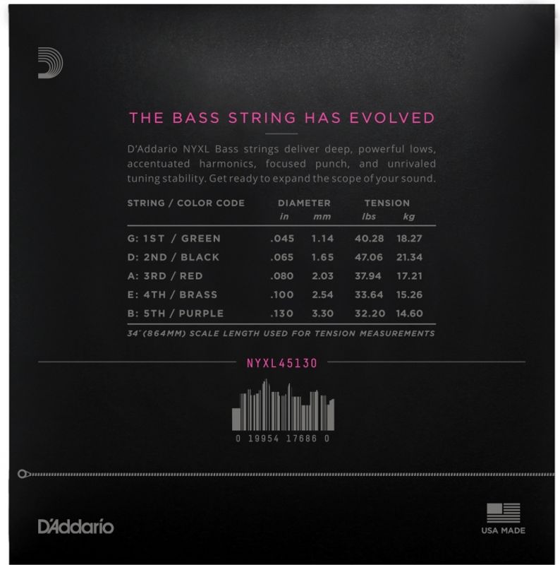 D'Addario NYXL45130 Strängset Elbas NYXL Nickel Wound 045-130 (5-str) Regular Light