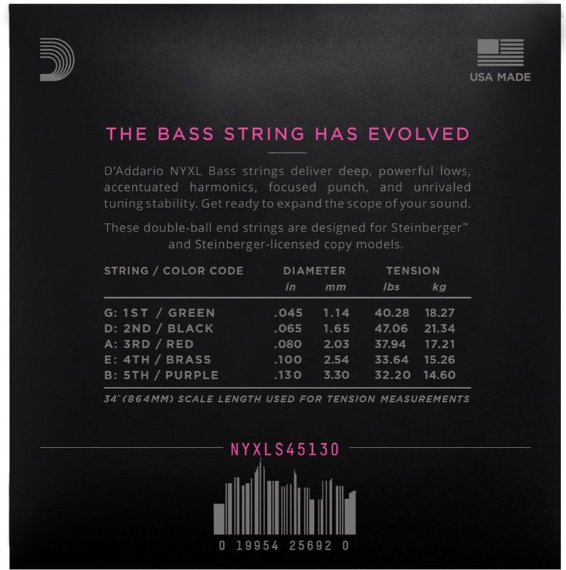 D'Addario NYXLS45130 Strängset NYXL Elbas Double Ball/Steinberger 045-130