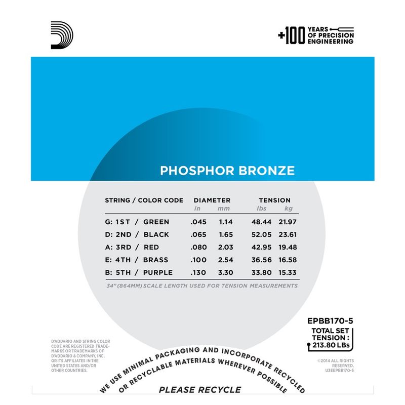 D'Addario EPBB170-5 Strängset Akustisk Bas Phosphor Bronze 045 - 130 (5-str.)