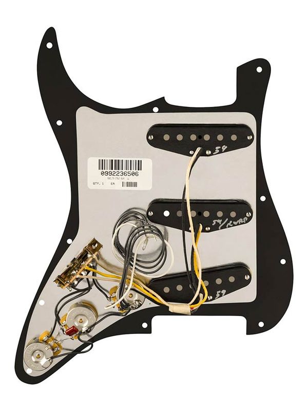 Fender Pre-wired Strat Pickguard, Pure Vintage '59 SSS w/RWRP middle, 11 screw holes, black