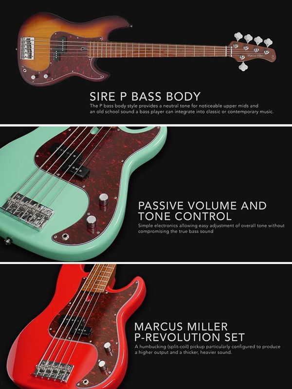 Sire P5 Series Marcus Miller Lefty Alder 5-string Passive Bass Guitar Mild Green