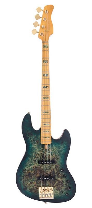 Sire V10 Series Marcus Miller swamp ash + poplar burl 4-string active bass guitar, transparent green satin, with hardcase