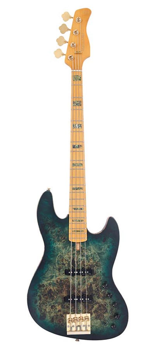 Sire V10 Series Marcus Miller swamp ash + poplar burl 4-string active bass guitar, transparent green satin, with hardcase