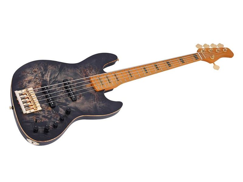 Sire V10 Series Marcus Miller swamp ash + poplar burl 5-string active bass guitar, transparent black satin, with hardcase