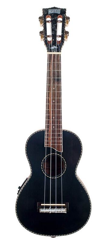 Mahalo Pearl Series, solid top concert ukulele, with MEQ2 9v preamp, black, with bag