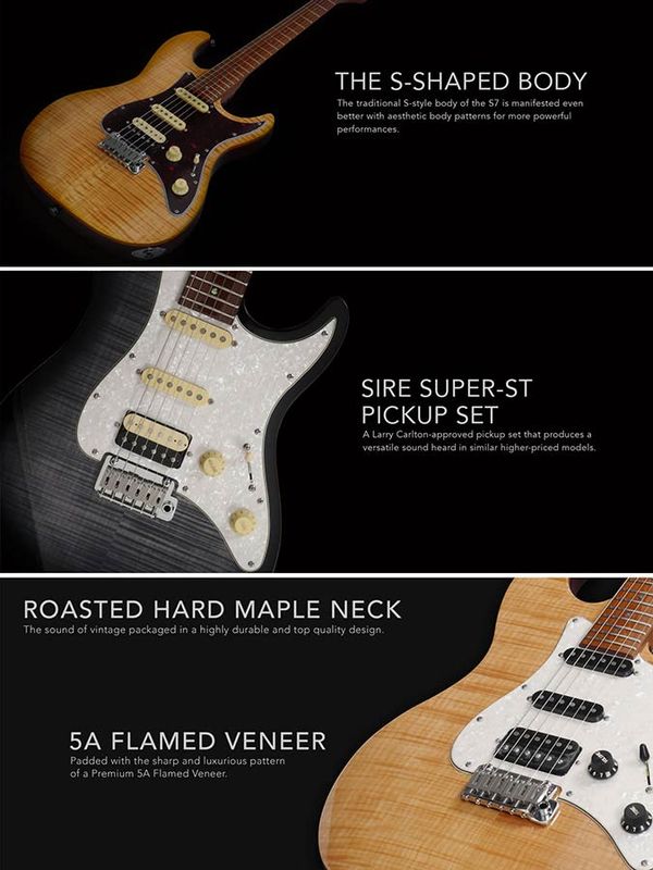 Sire S7FM/TBK Larry Carlton electric guitar S-style with flamed maple top transparent black